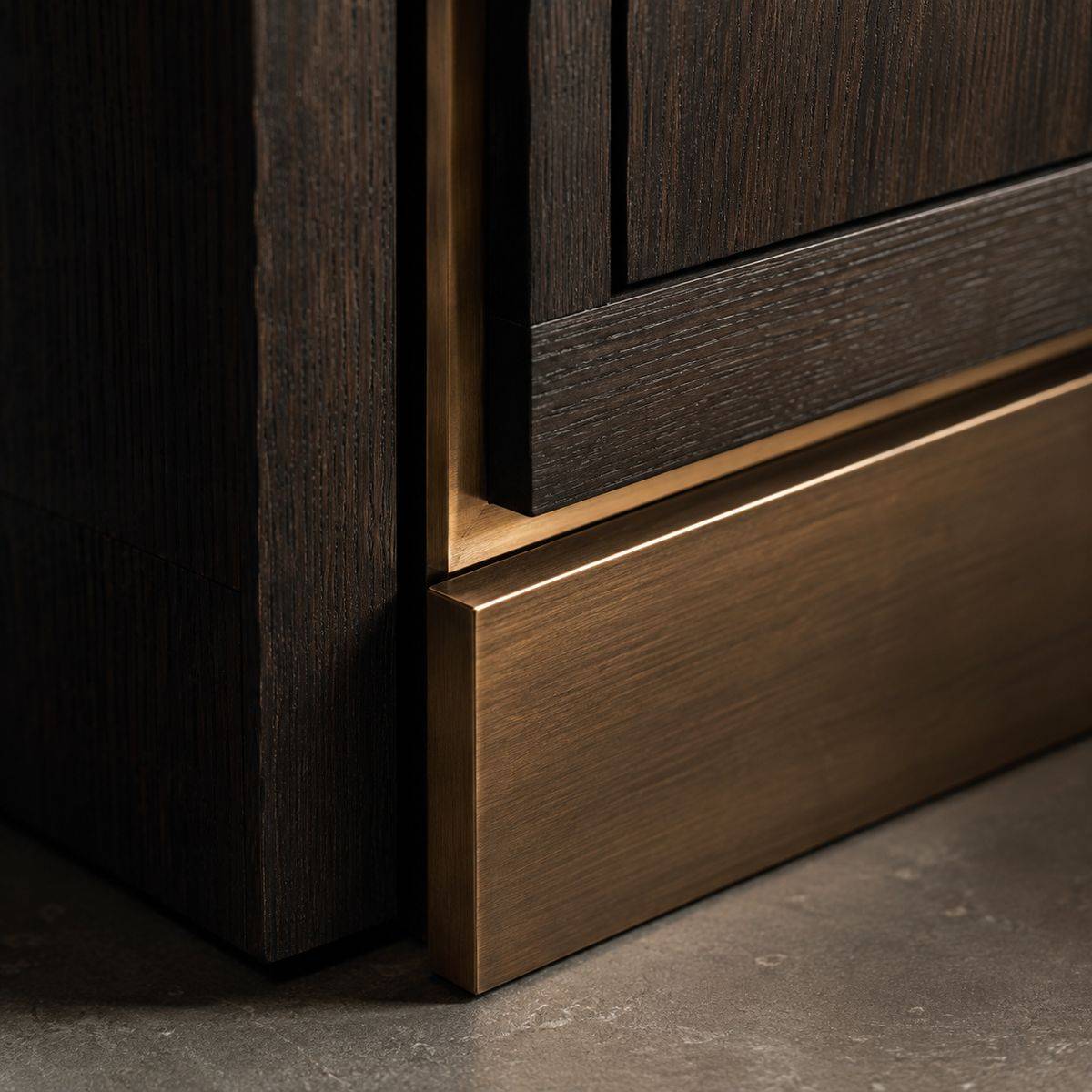 Bespoke joinery detail — stained oak and bronze by 360 Group